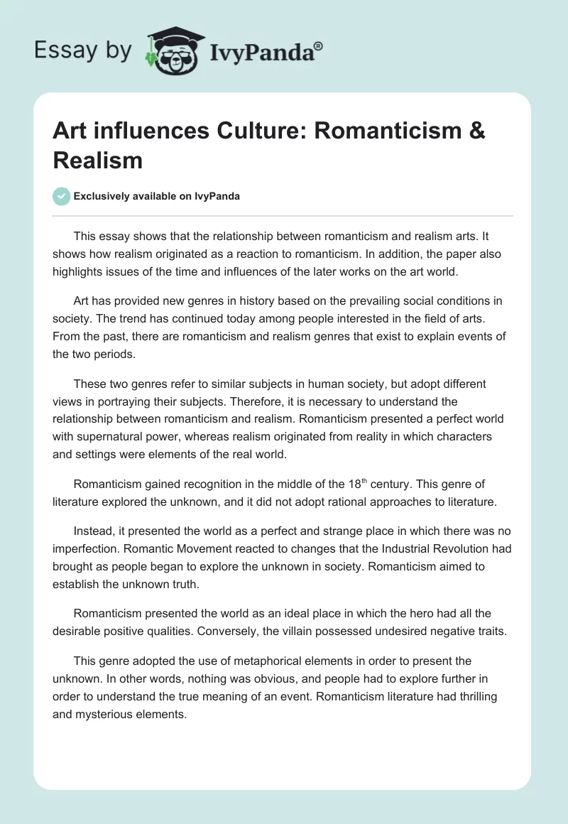 Art influences Culture: Romanticism & Realism. Page 1