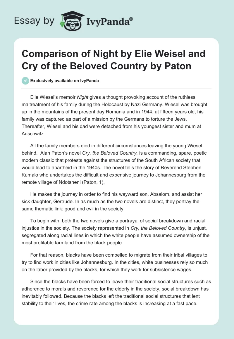 Comparison of Night by Elie Weisel and Cry of the Beloved Country by Paton. Page 1