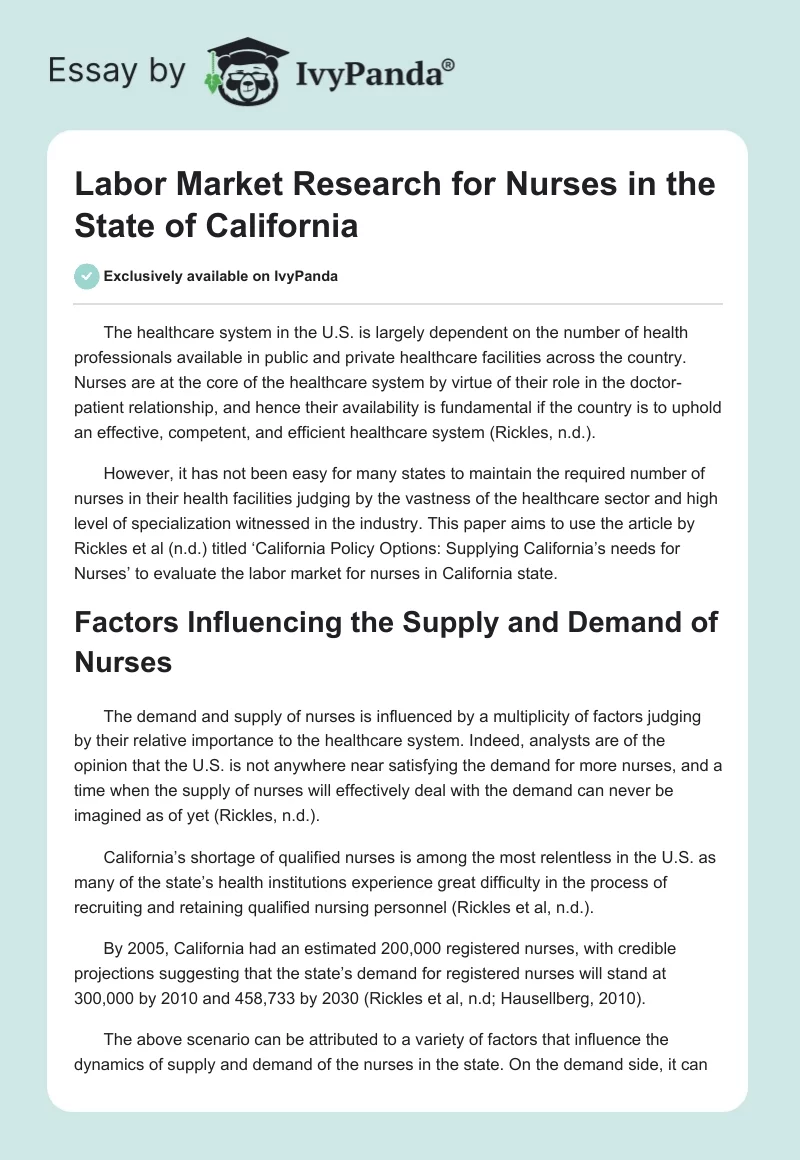 Labor Market Research for Nurses in the State of California. Page 1