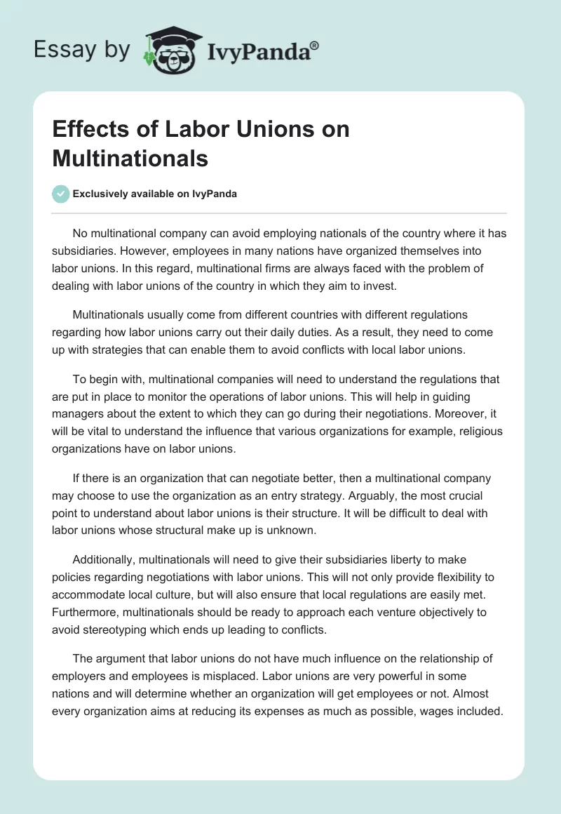Effects of Labor Unions on Multinationals. Page 1