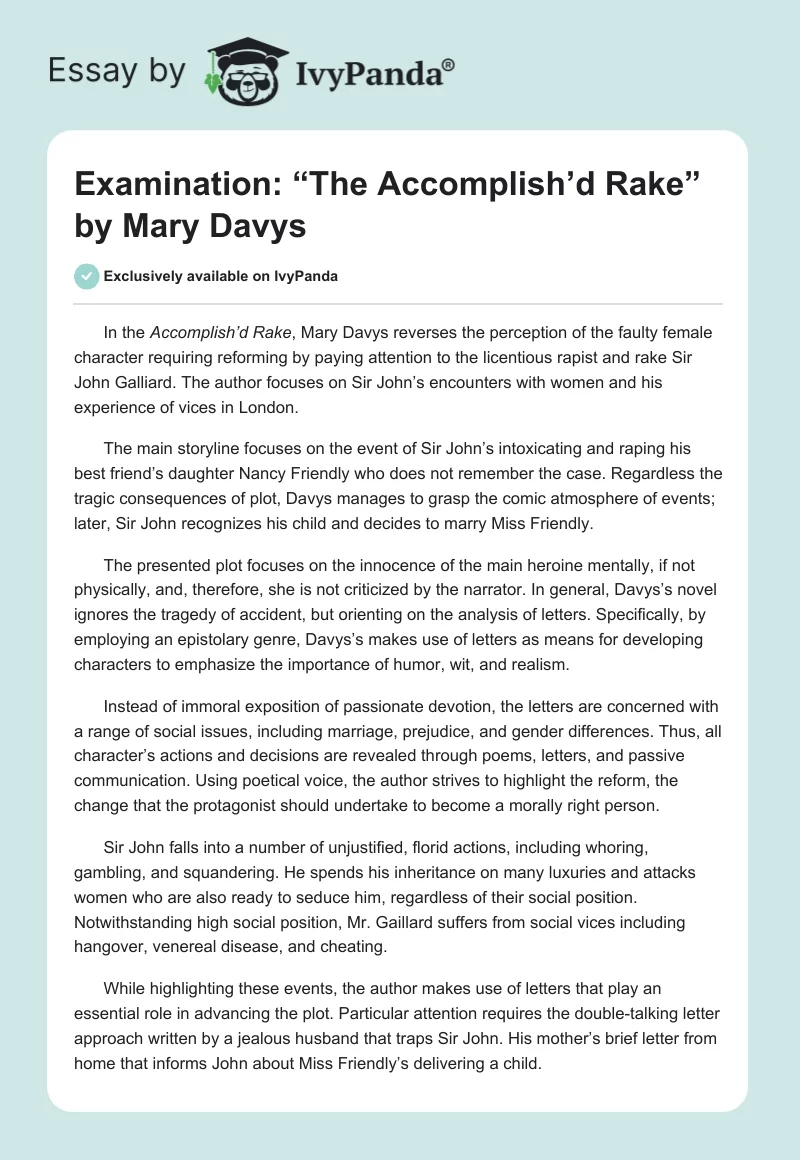 Examination: “The Accomplish’d Rake” by Mary Davys. Page 1