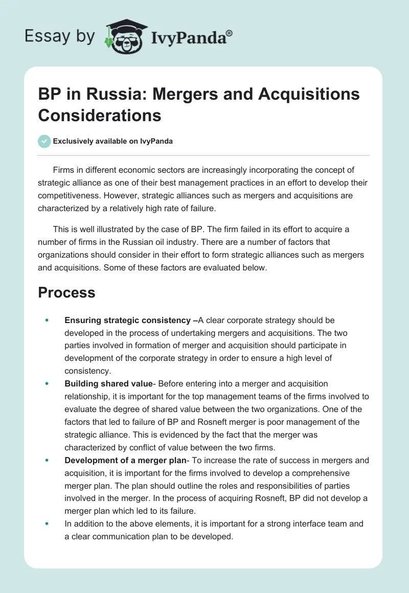 BP in Russia: Mergers and Acquisitions Considerations. Page 1