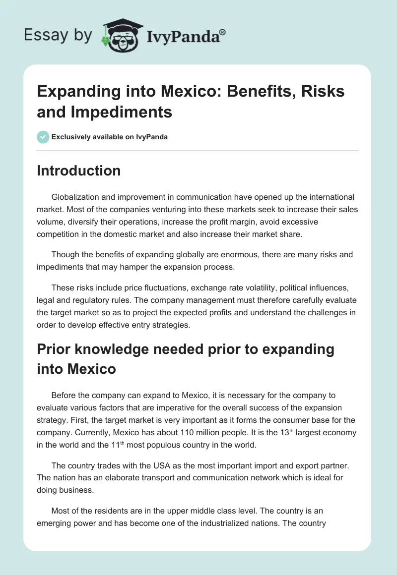 Expanding into Mexico: Benefits, Risks and Impediments. Page 1