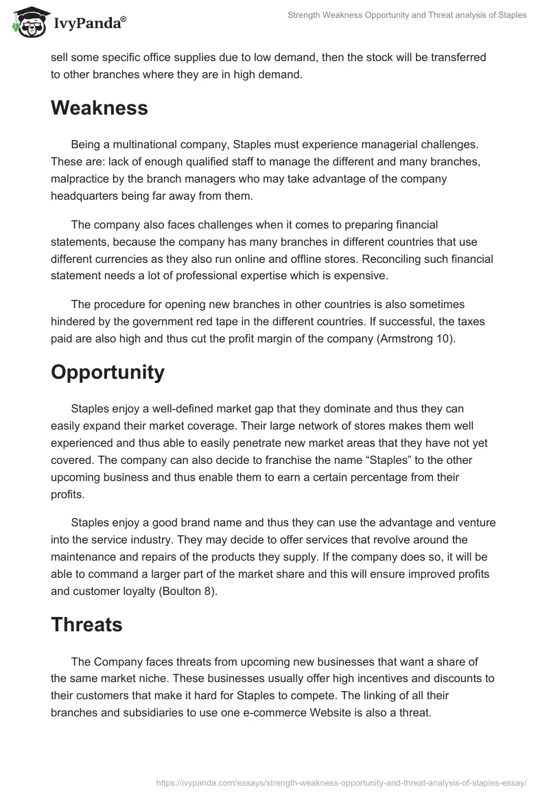 Strength Weakness Opportunity and Threat analysis of Staples. Page 2