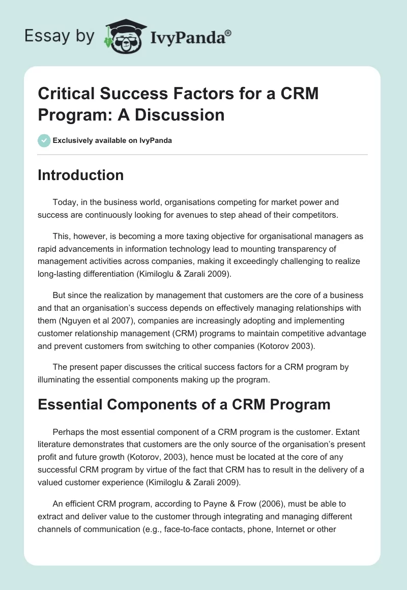 Critical Success Factors for a CRM Program: A Discussion. Page 1