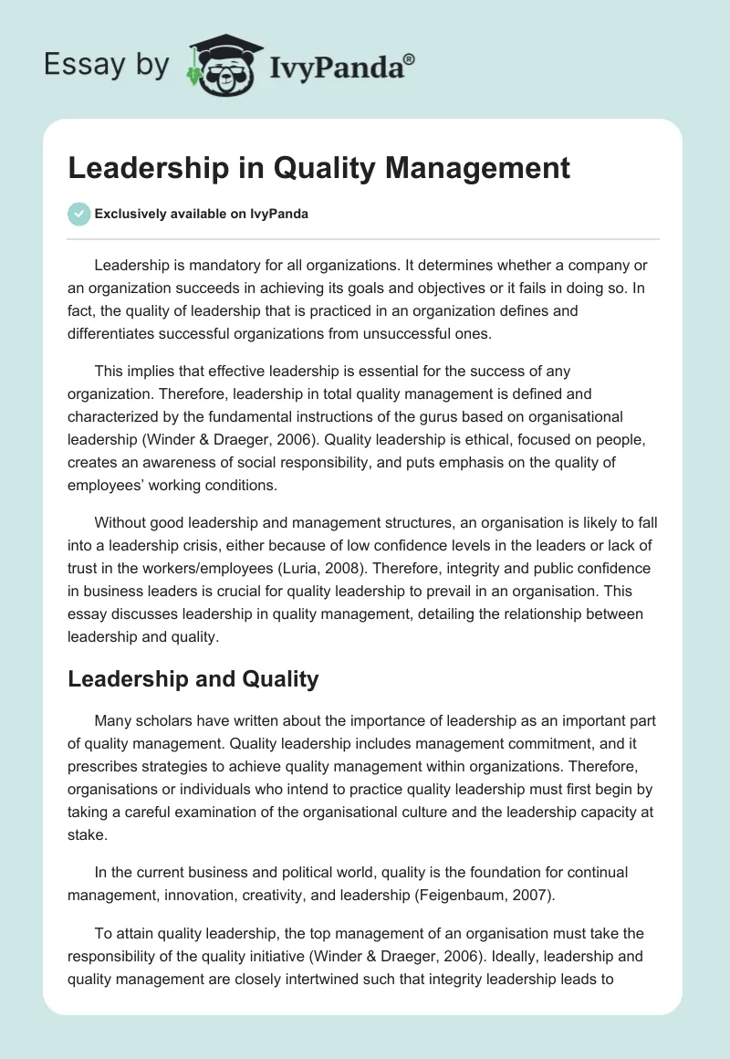 Leadership in Quality Management. Page 1