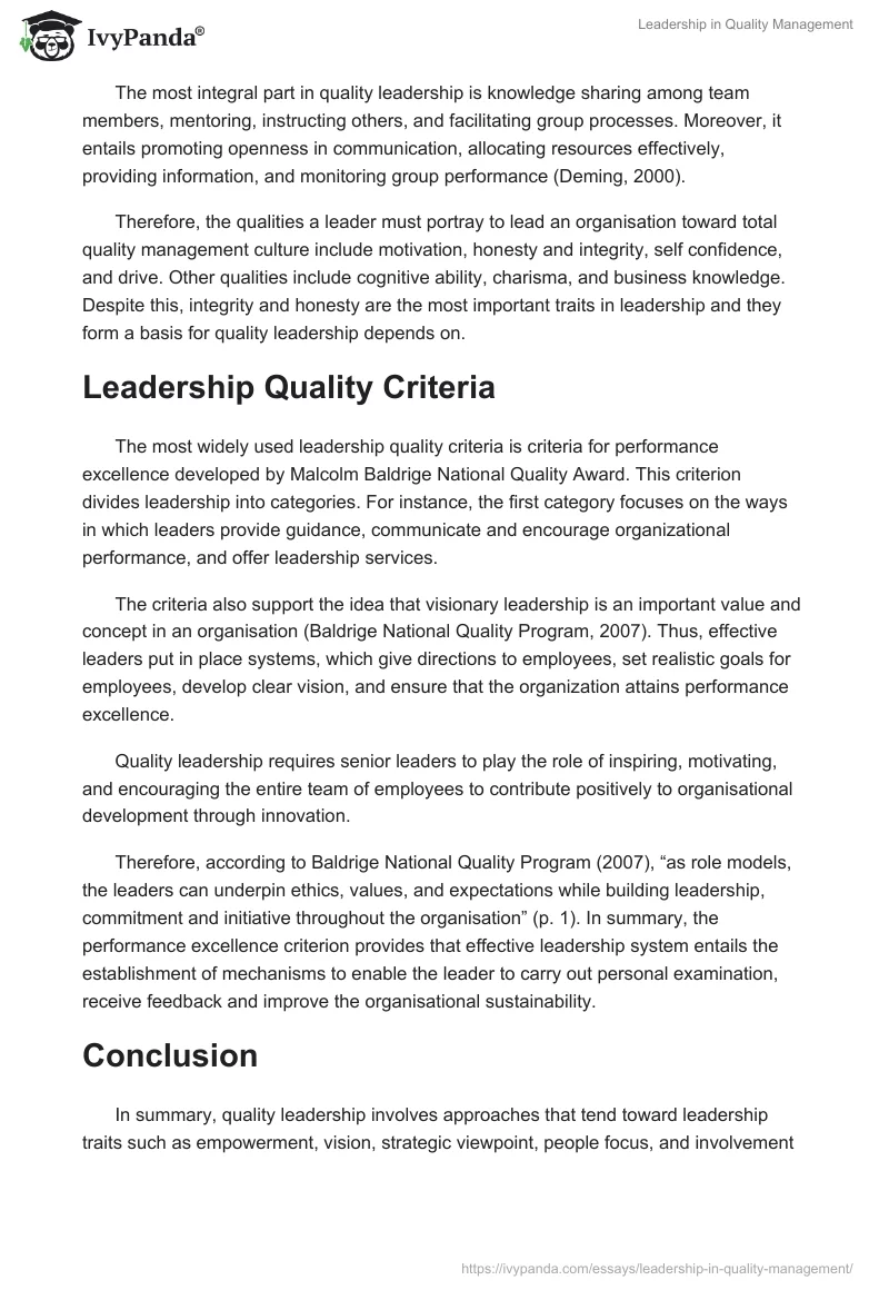 Leadership in Quality Management. Page 4