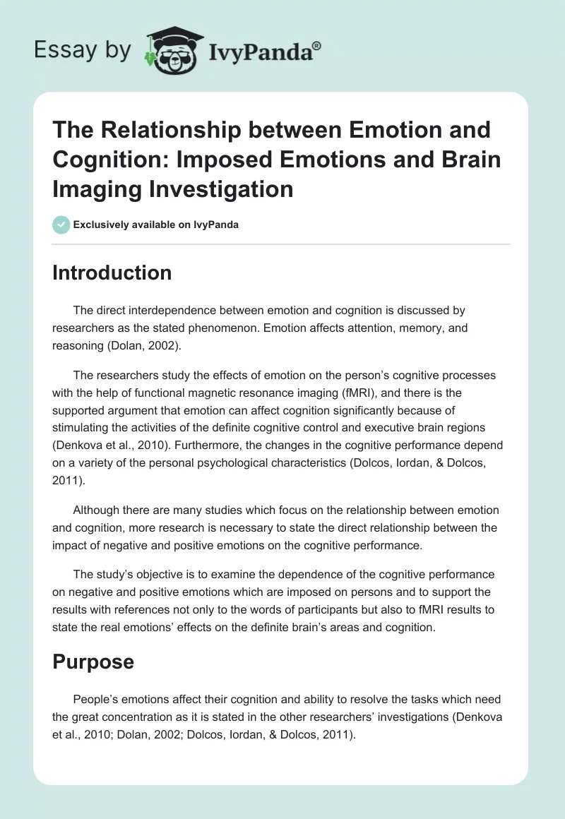 The Relationship Between Emotion and Cognition: Imposed Emotions and Brain Imaging Investigation. Page 1