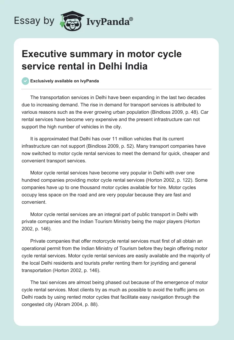 Executive summary in motor cycle service rental in Delhi India. Page 1