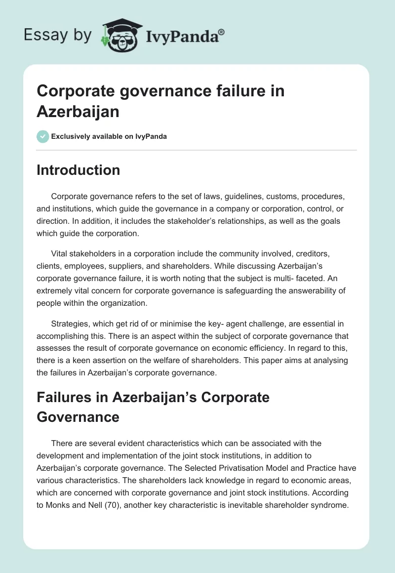 Corporate governance failure in Azerbaijan. Page 1
