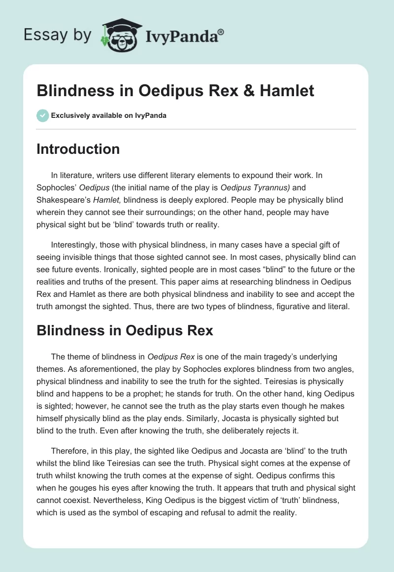 Blindness in Oedipus Rex & Hamlet. Page 1