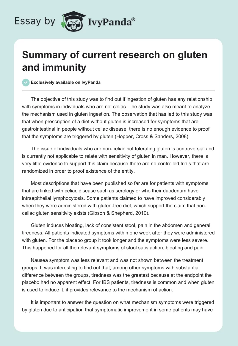 Summary of current research on gluten and immunity. Page 1