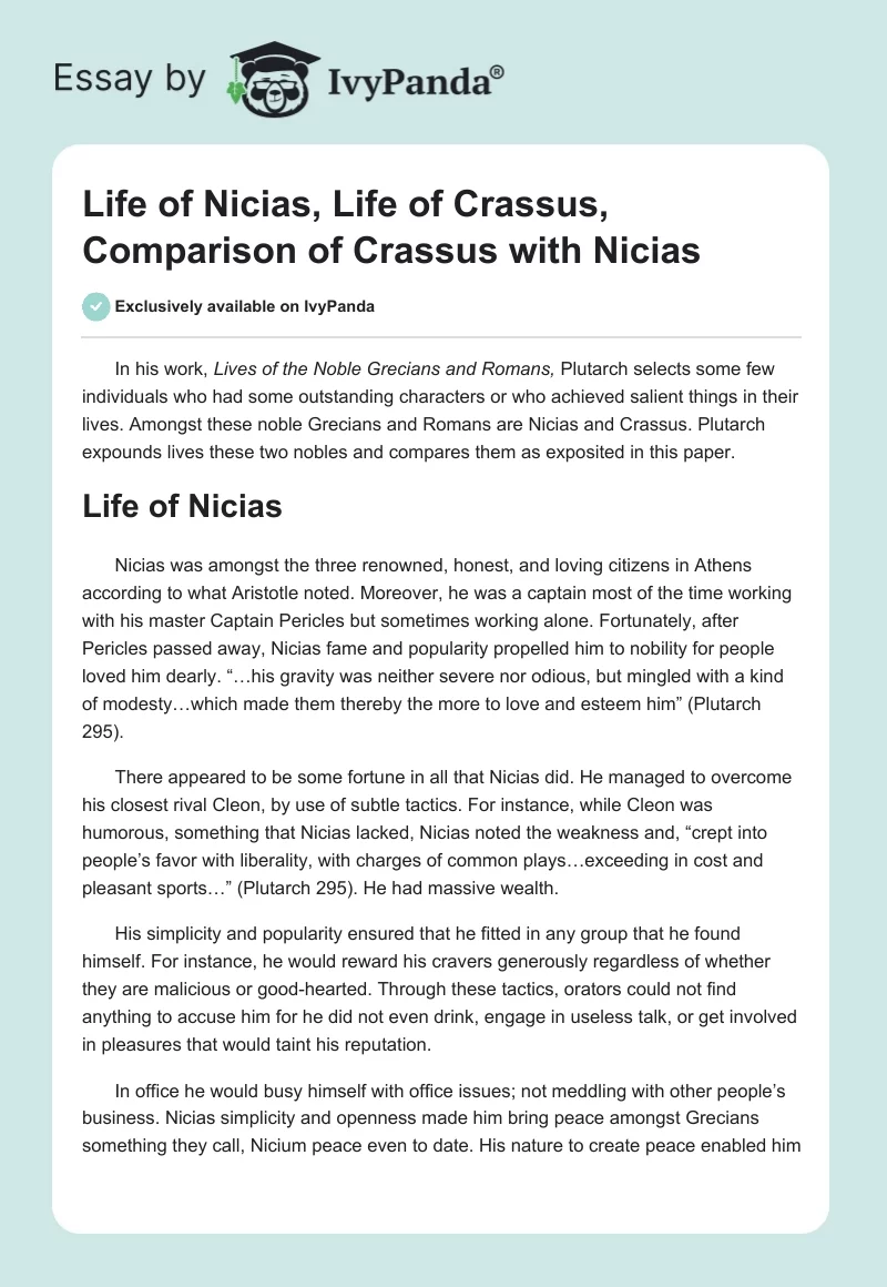 Life of Nicias, Life of Crassus, Comparison of Crassus with Nicias. Page 1