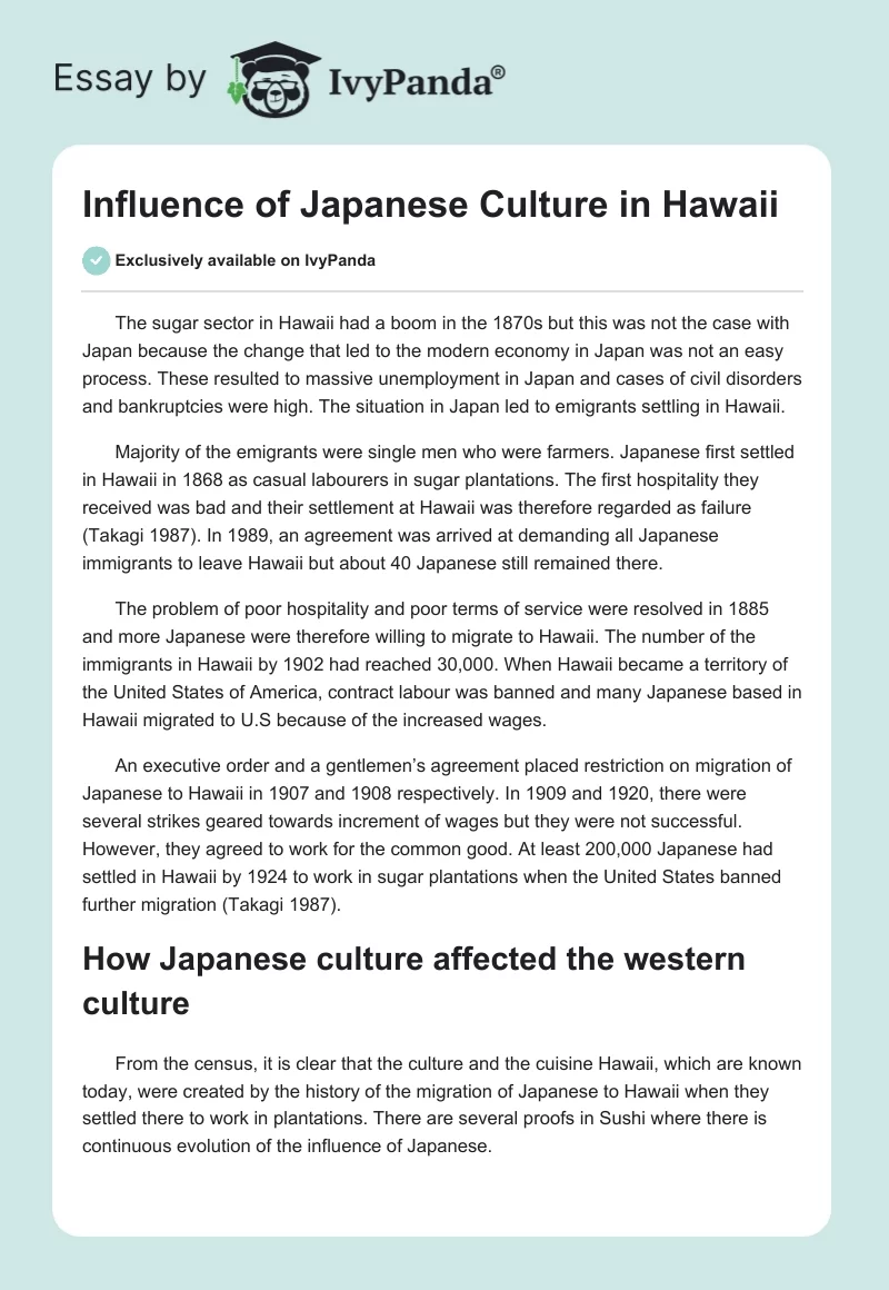 Influence of Japanese Culture in Hawaii. Page 1