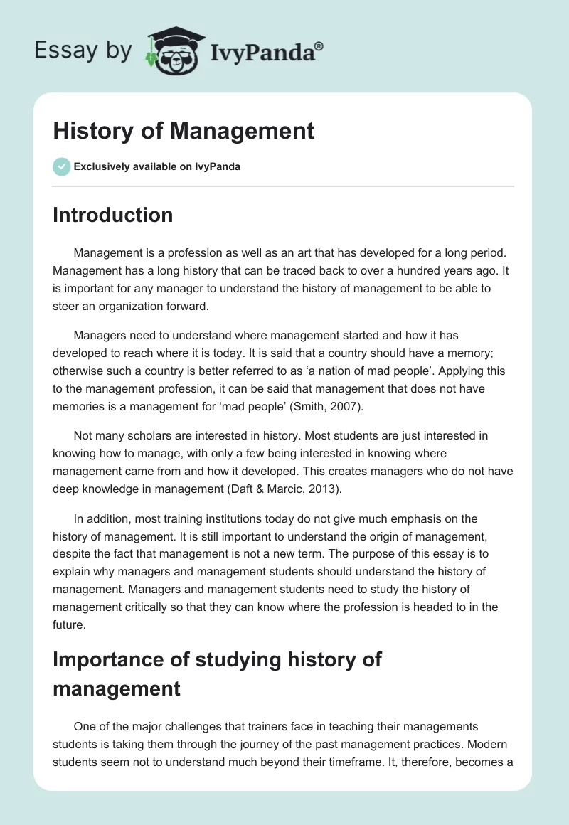 History of Management. Page 1