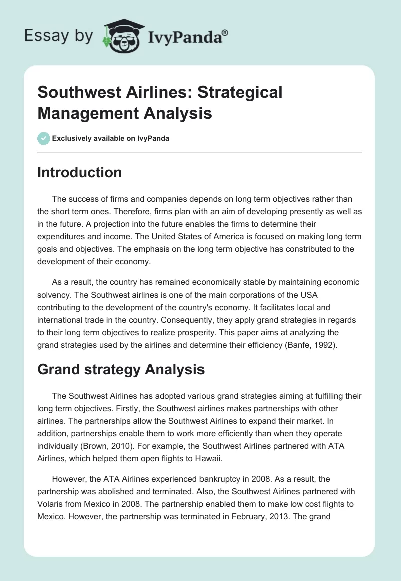 Southwest Airlines: Strategical Management Analysis. Page 1