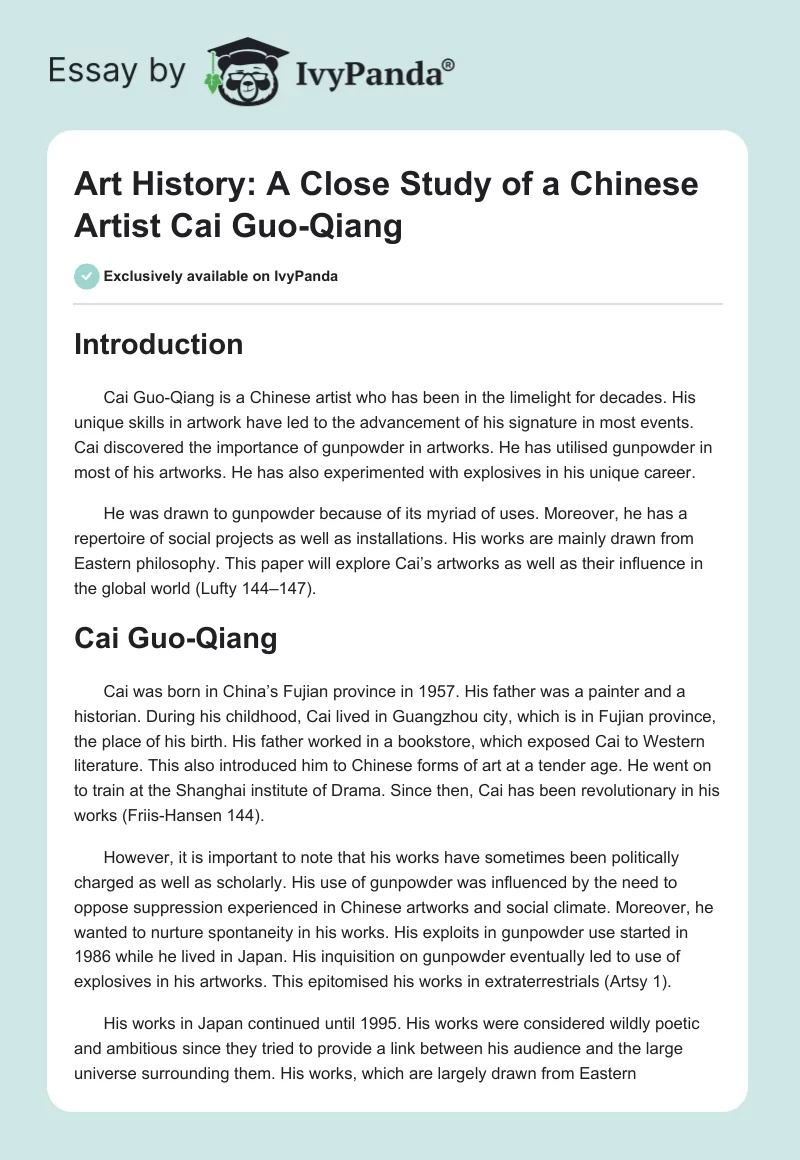 Art History: A Close Study of a Chinese Artist Cai Guo-Qiang. Page 1
