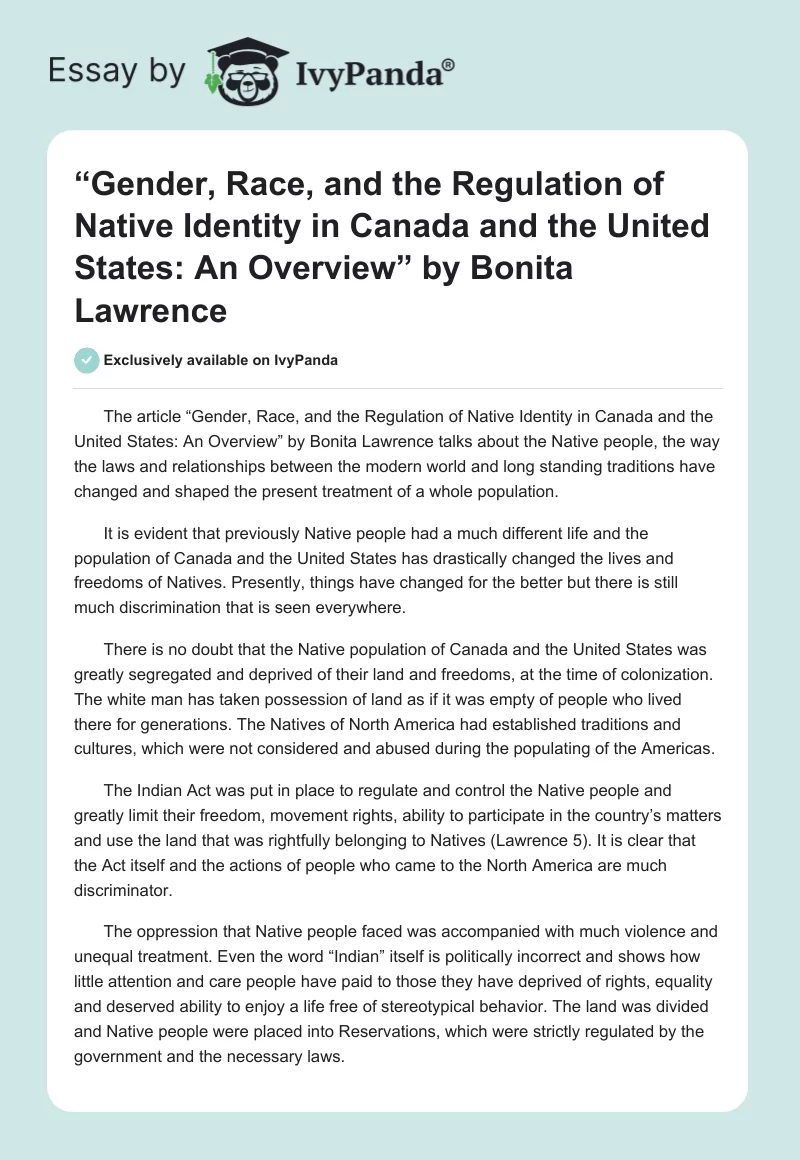 “Gender, Race, and the Regulation of Native Identity in Canada and the United States: An Overview” by Bonita Lawrence. Page 1