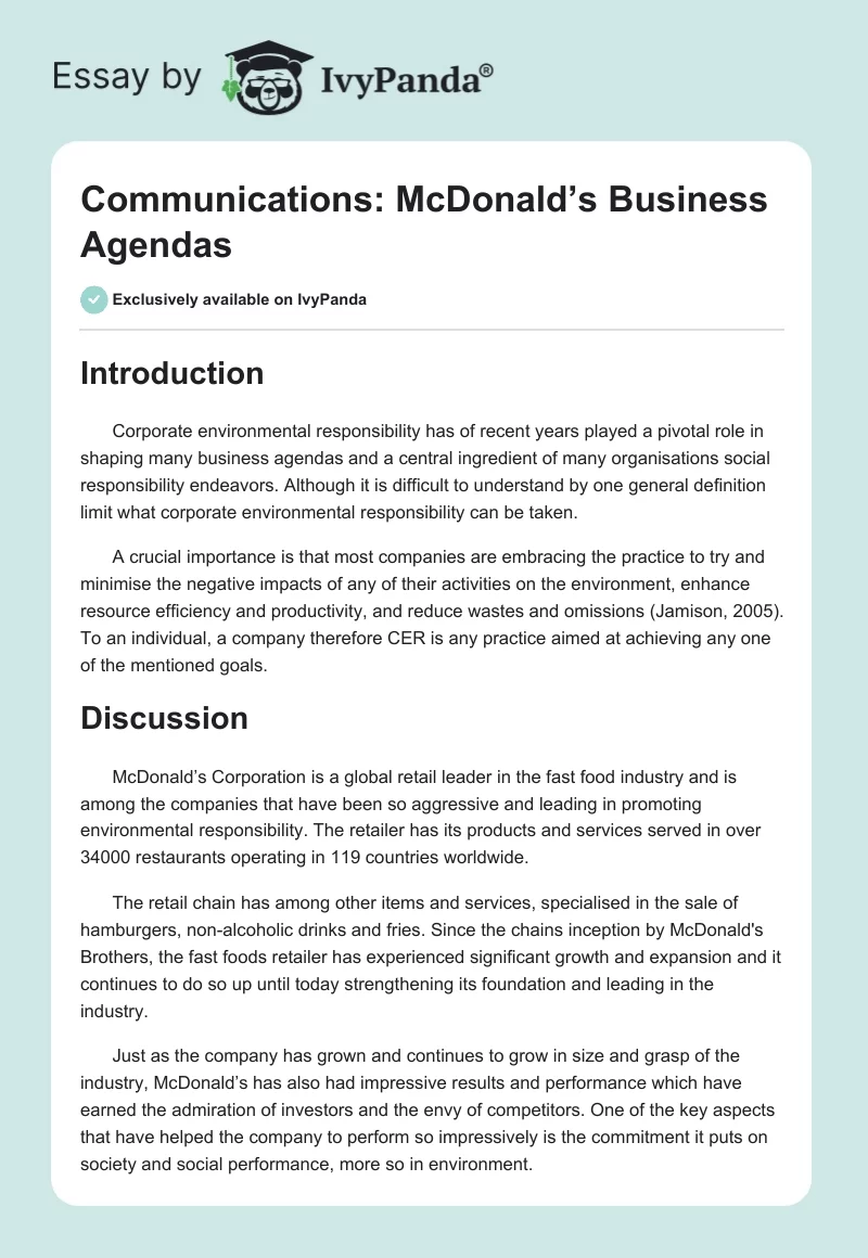 Communications: McDonald’s Business Agendas. Page 1