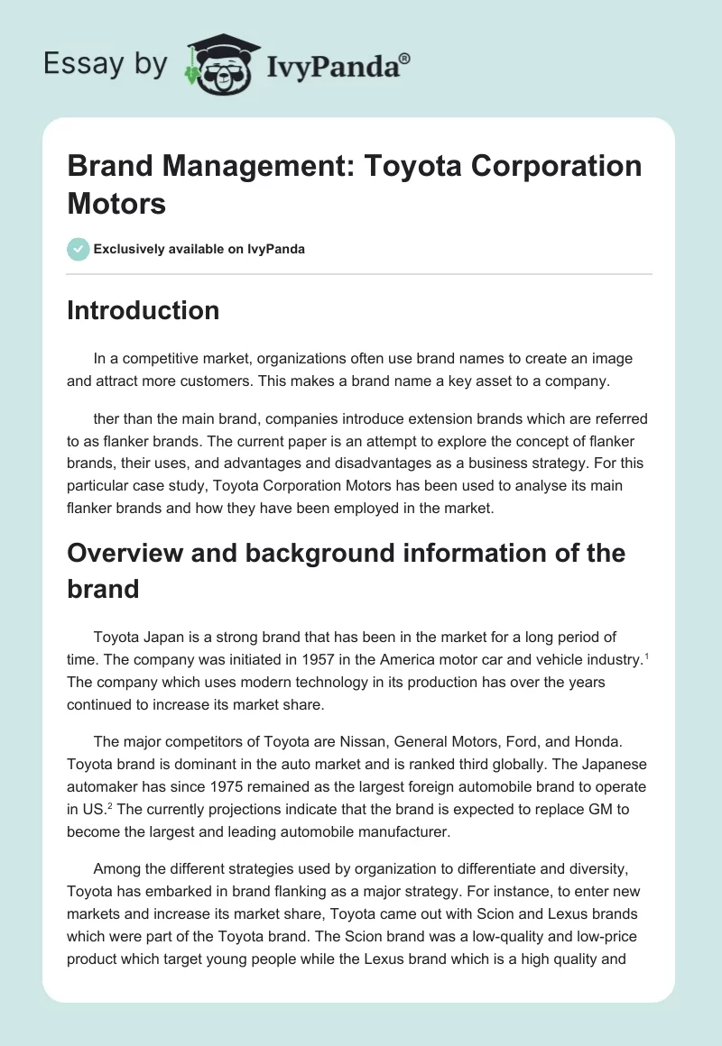 Brand Management: Toyota Corporation Motors. Page 1