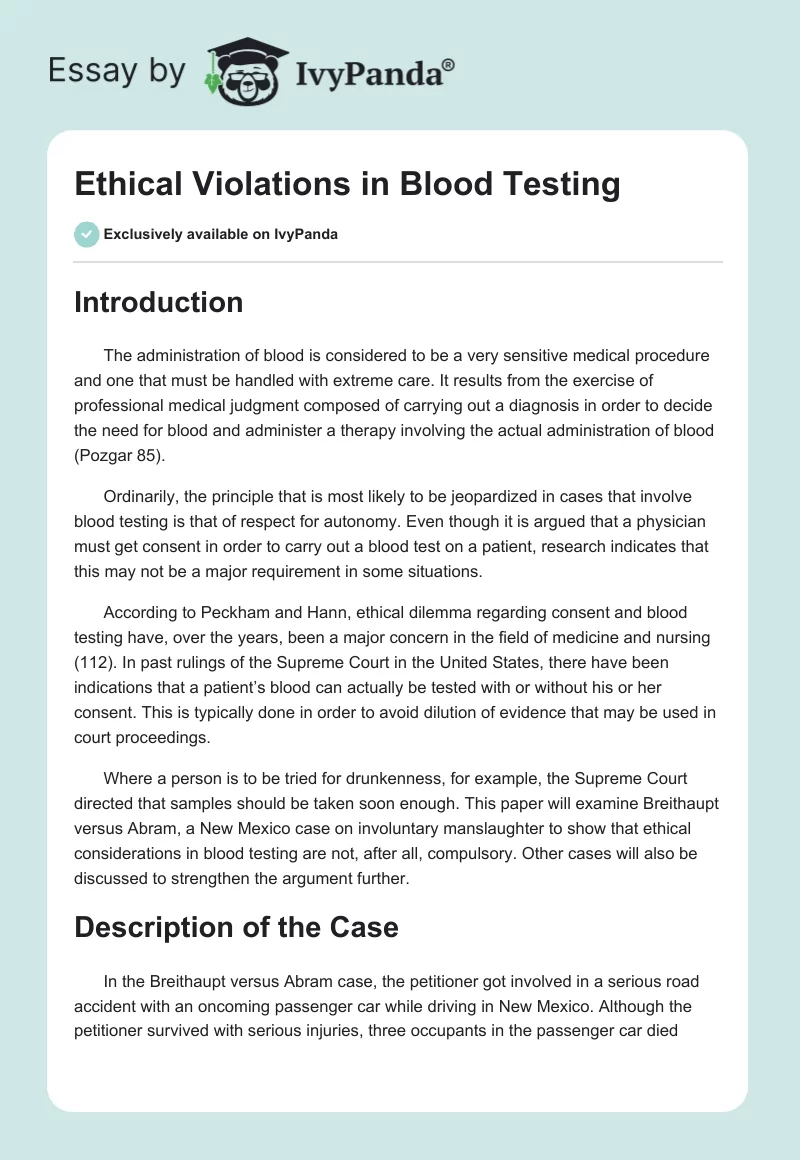 Ethical Violations in Blood Testing. Page 1