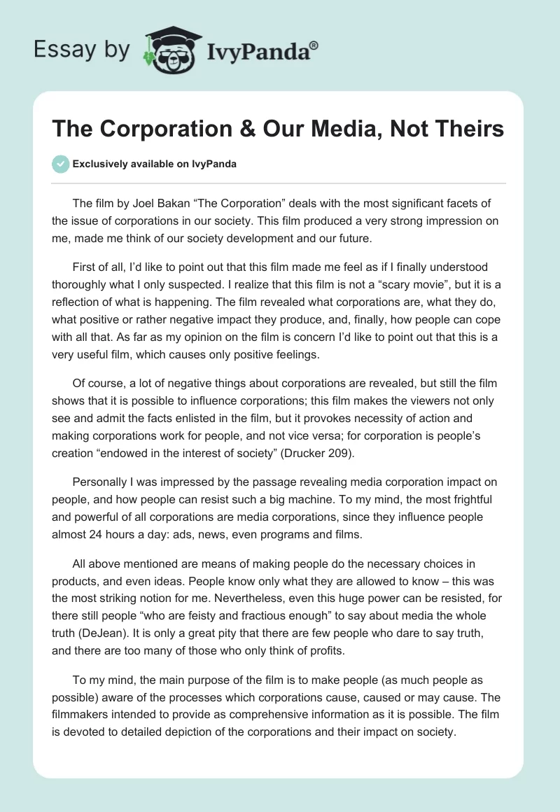 The Corporation & Our Media, Not Theirs. Page 1