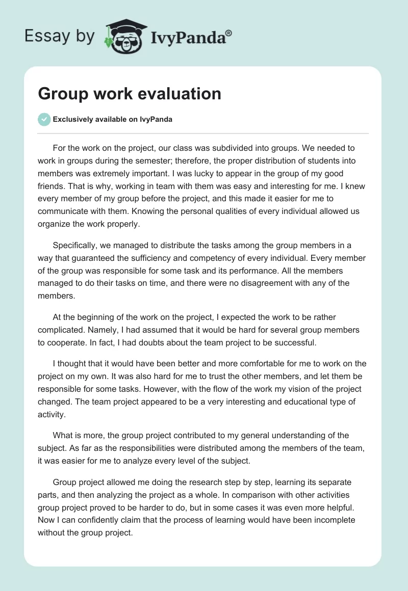 Group Work Evaluation 626 Words Essay Example