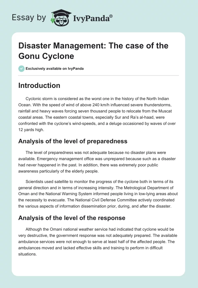 Disaster Management: The case of the Gonu Cyclone. Page 1