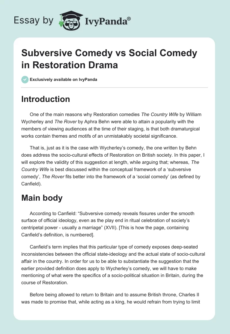 Subversive Comedy vs Social Comedy in Restoration Drama. Page 1