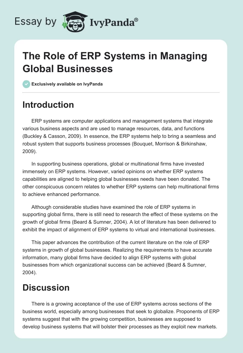 The Role of ERP Systems in Managing Global Businesses. Page 1