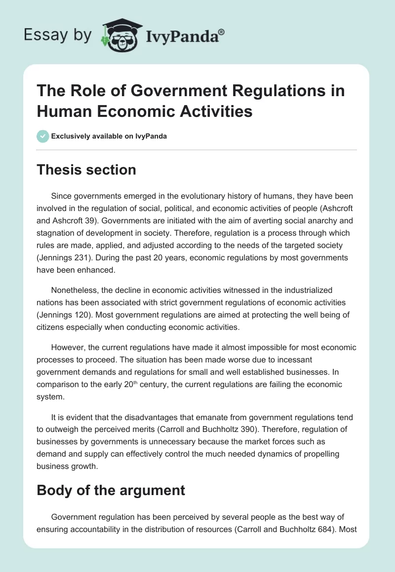 The Role of Government Regulations in Human Economic Activities . Page 1