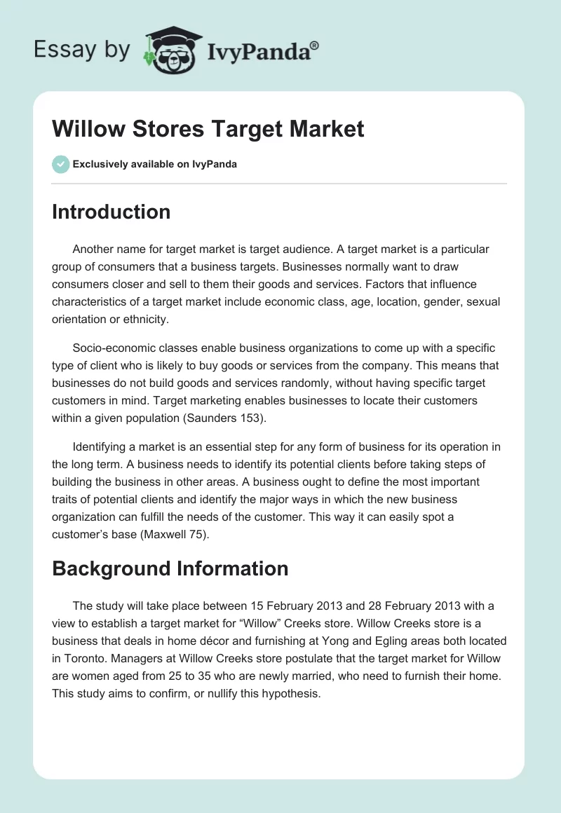 Willow Stores Target Market. Page 1