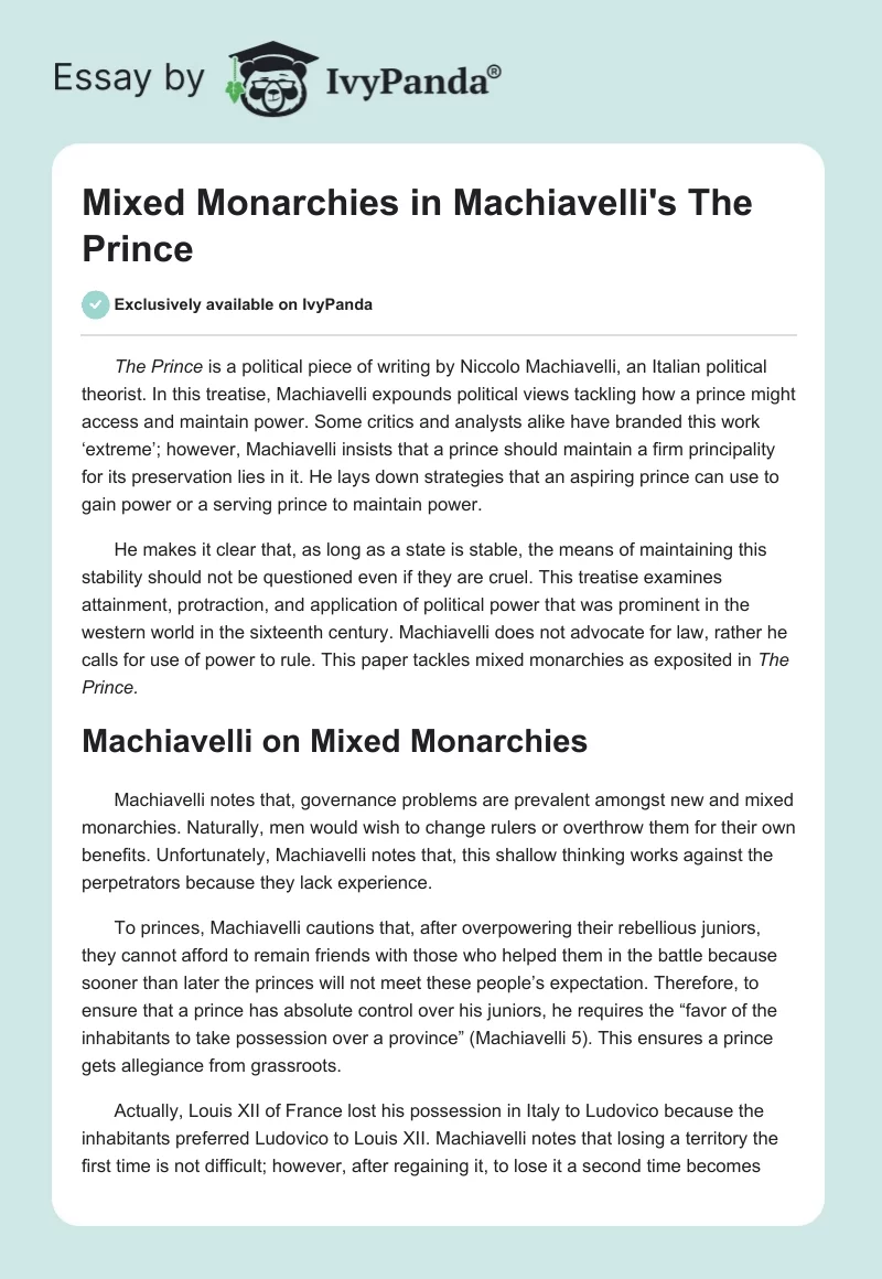 Mixed Monarchies in Machiavelli's "The Prince". Page 1