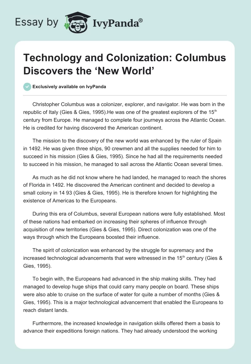 Technology and Colonization: Columbus Discovers the ‘New World’. Page 1
