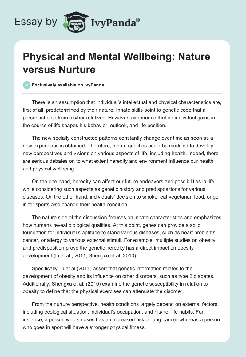 Physical and Mental Wellbeing: Nature Versus Nurture. Page 1