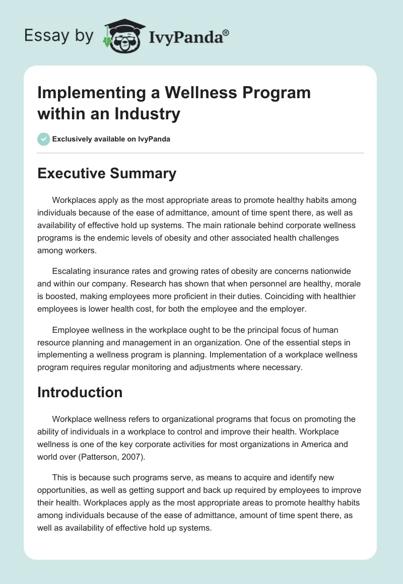 Implementing a Wellness Program Within an Industry. Page 1