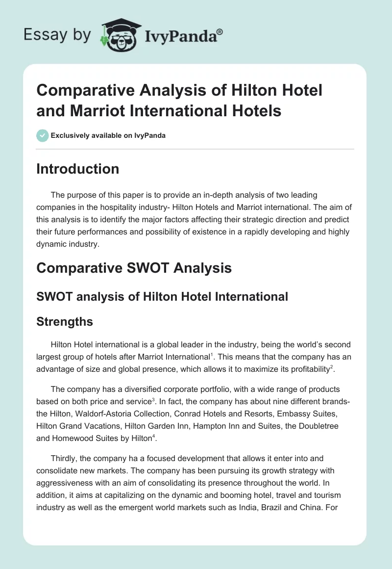 Comparative Analysis of Hilton Hotel and Marriot International Hotels. Page 1