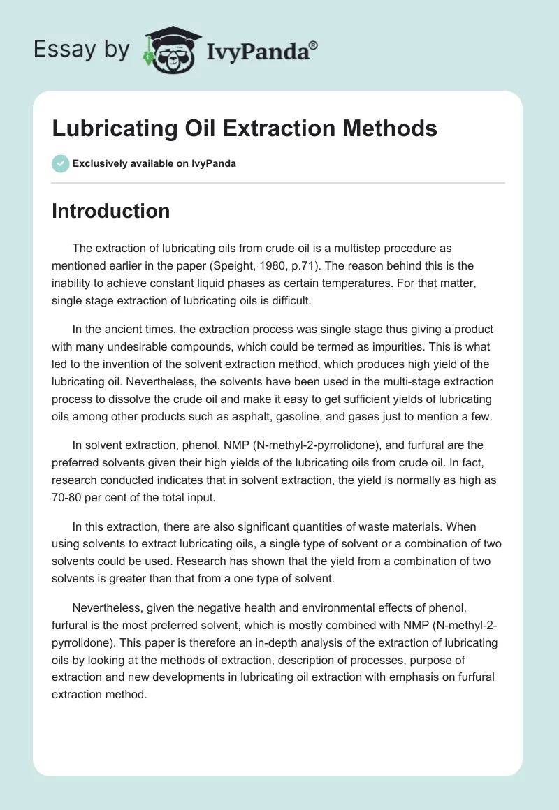 Lubricating Oil Extraction Methods. Page 1