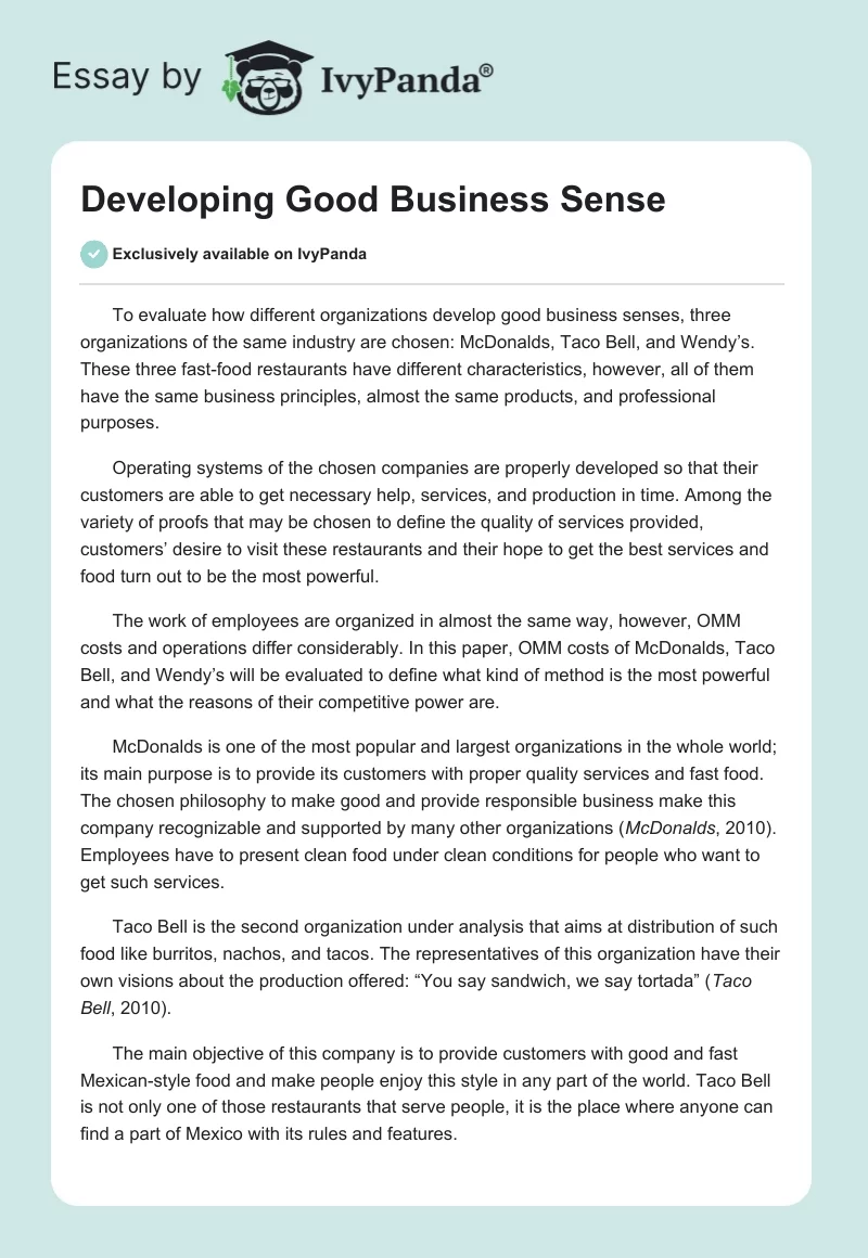 Developing Good Business Sense. Page 1