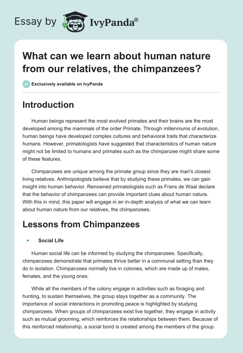 What can we learn about human nature from our relatives, the chimpanzees?. Page 1