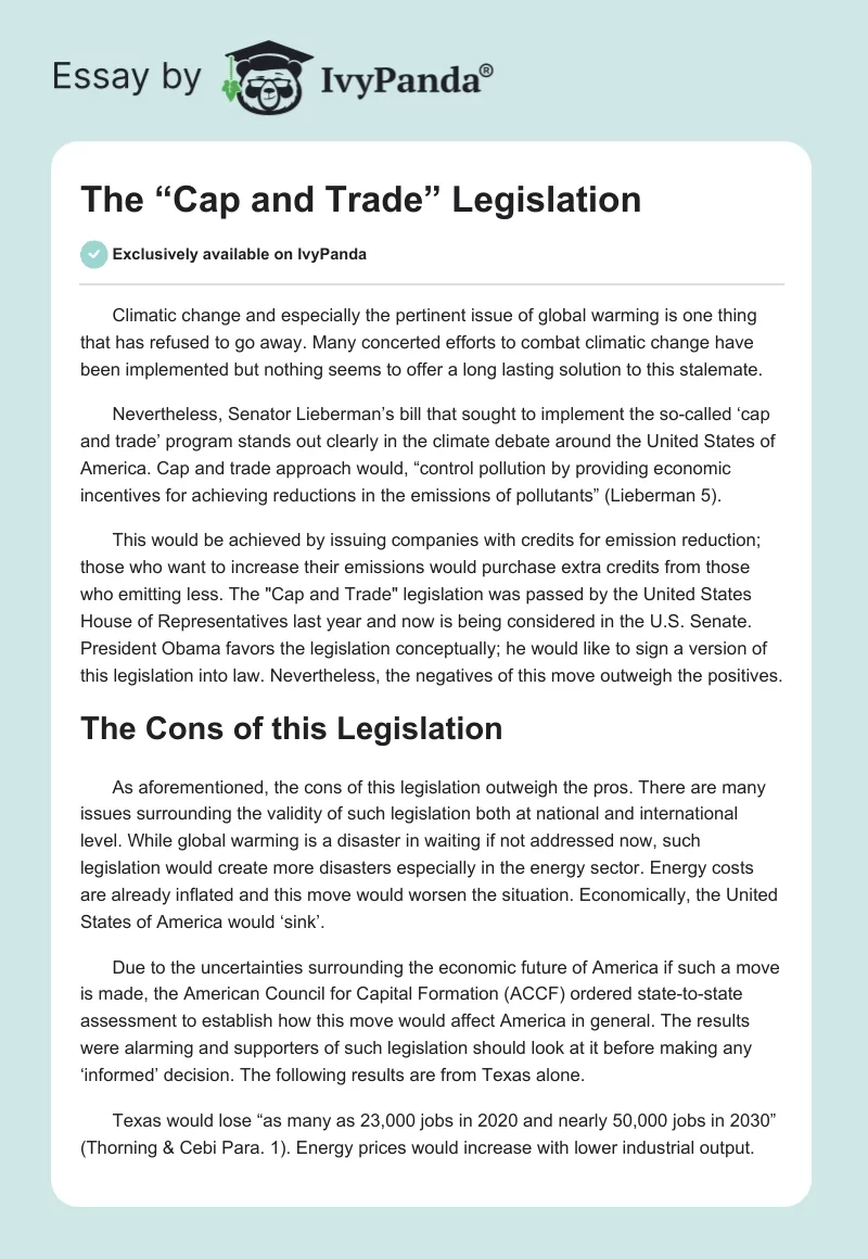 The “Cap and Trade” Legislation. Page 1
