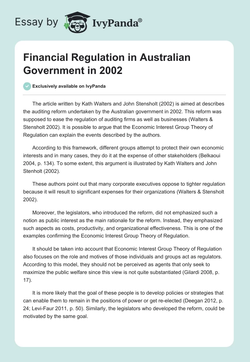 Financial Regulation in Australian Government in 2002. Page 1