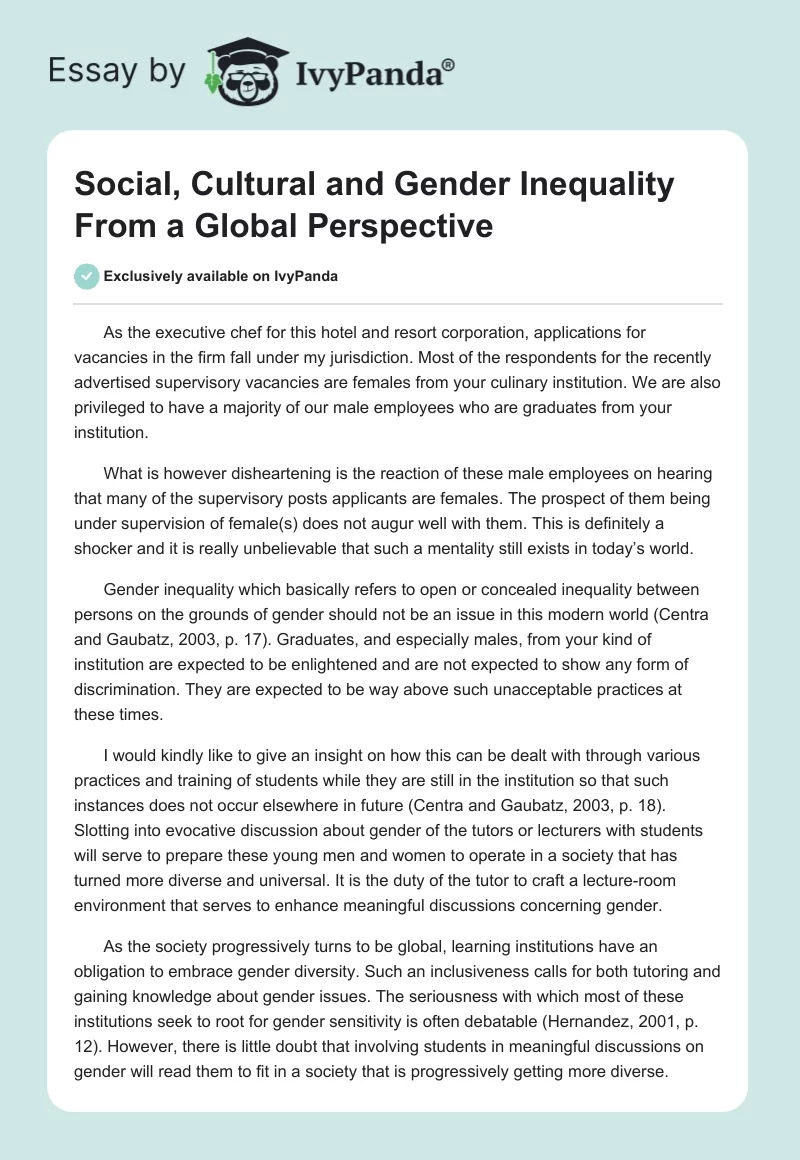 Social, Cultural and Gender Inequality From a Global Perspective. Page 1