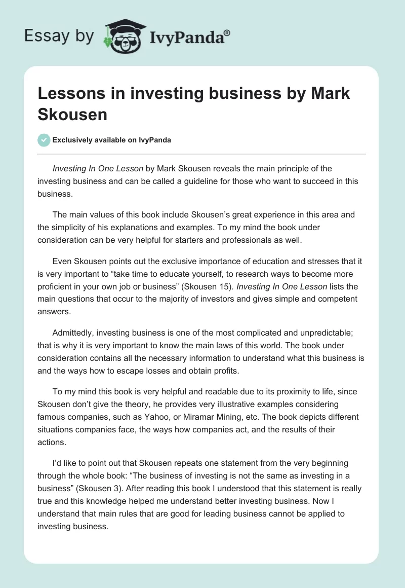 Lessons in investing business by Mark Skousen. Page 1