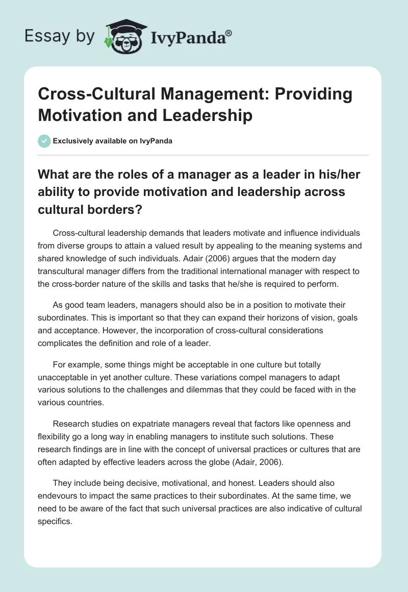 Cross-Cultural Management: Providing Motivation and Leadership. Page 1