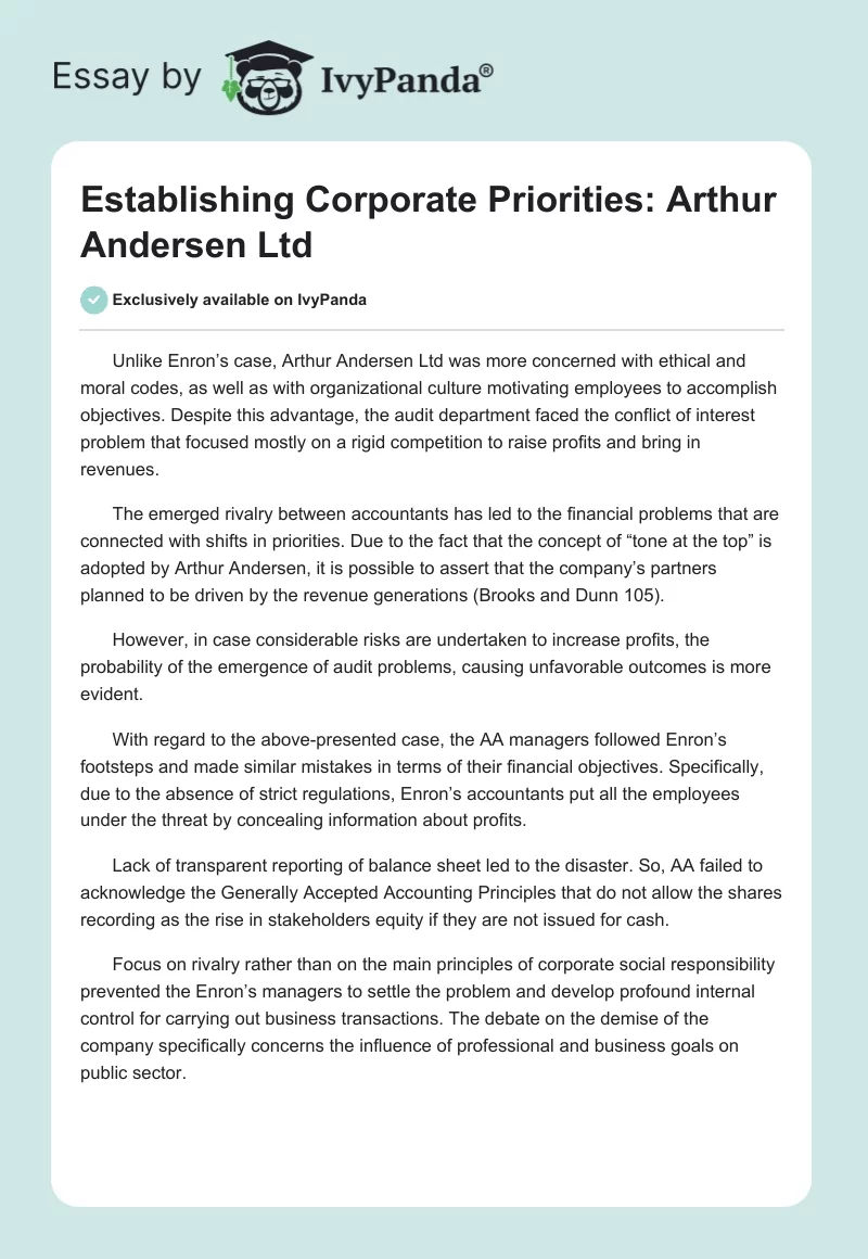 Establishing Corporate Priorities: Arthur Andersen Ltd. Page 1