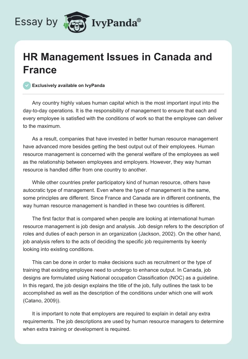 HR Management Issues in Canada and France. Page 1