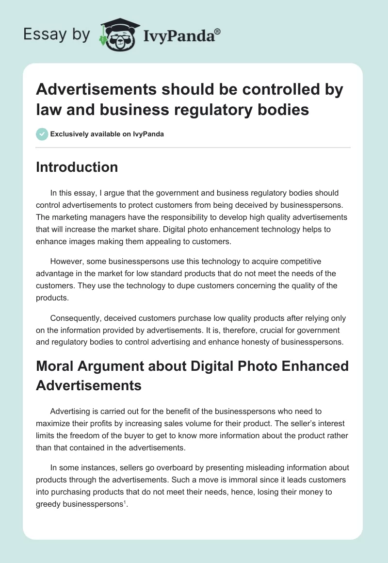 Advertisements should be controlled by law and business regulatory bodies. Page 1