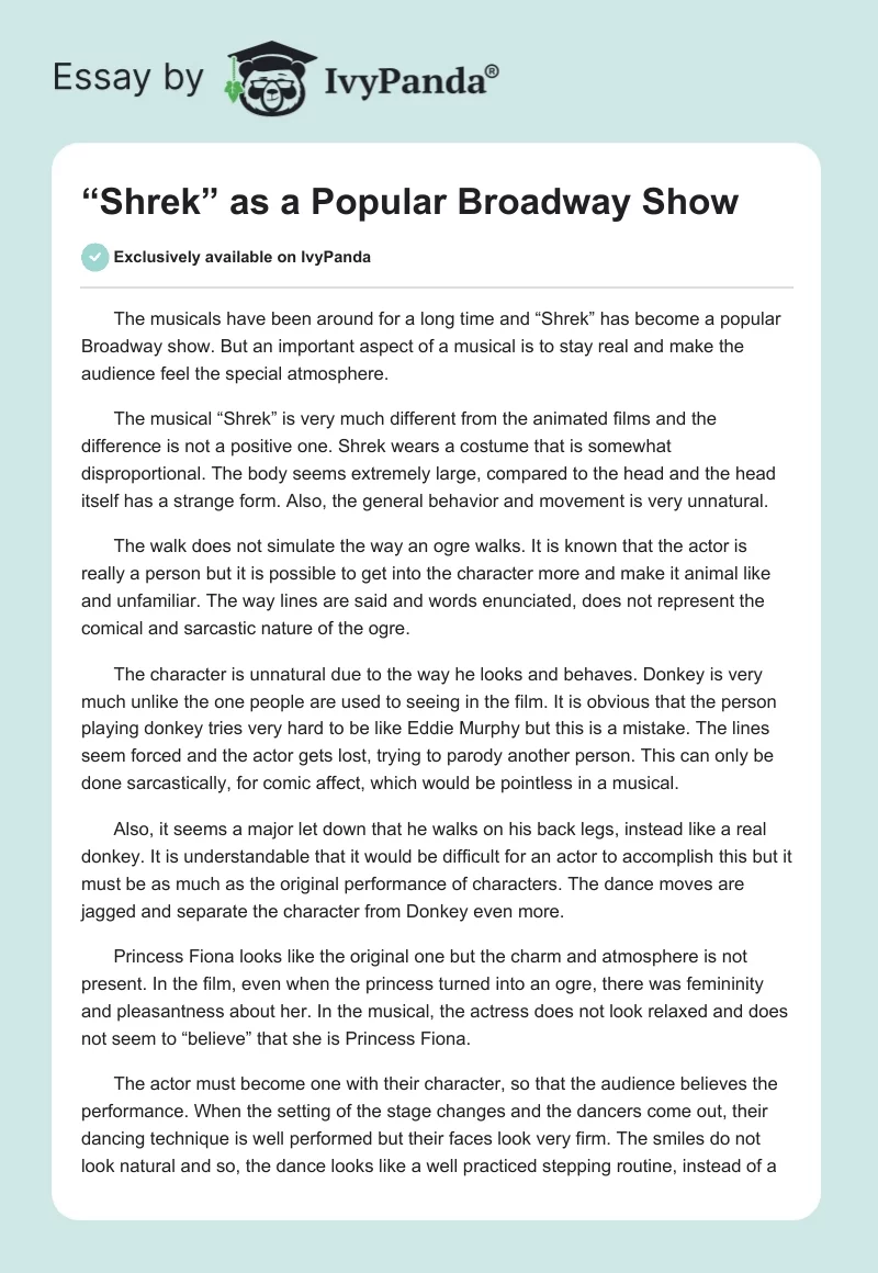 “Shrek” as a Popular Broadway Show. Page 1
