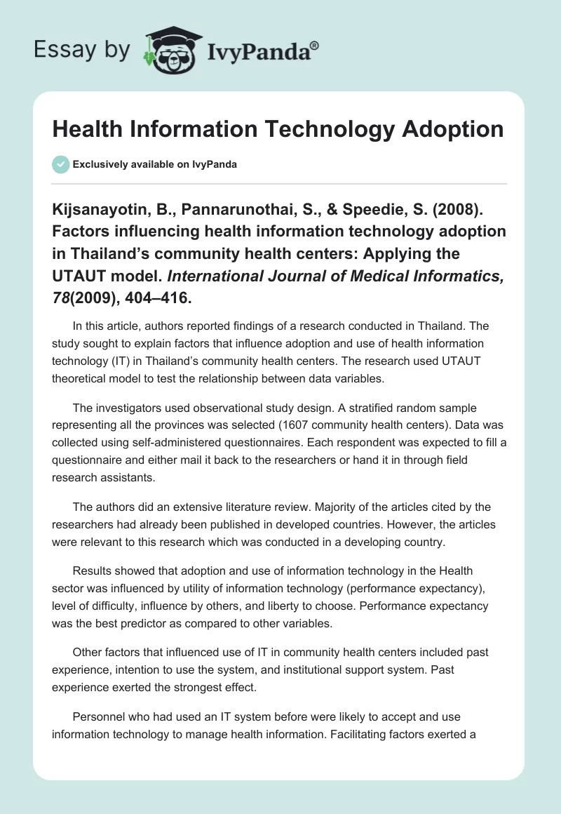 Health Information Technology Adoption. Page 1